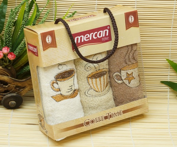 Махровые Полотенца с Вышивкой 30x50 см 3 шт/уп Coffee Time Mercan Оптом Турция