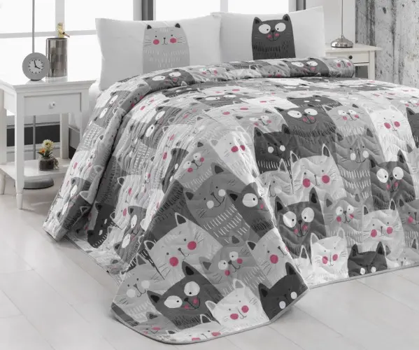✅2 сп. Стеганое Покрывало Двустороннее 200x220 см. с 2- мя Наволочками 50x70 см. DuvardaKediler Gri Оптом Турция Фабрика ✅Тексти