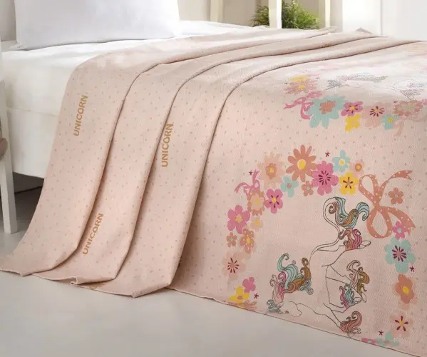 ✅1 сп. Покрывало-Плед Вафельное 160x235 см Doğal Pike Baskılı Tek Kişilik Unicornlar Pembe Оптом Турция