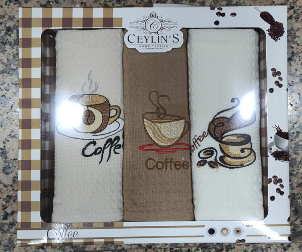 45x65 см 3 шт/уп Вафельныe Полотенца с Вышивкой Coffee Ceylin's - ByTem Оптом Турция