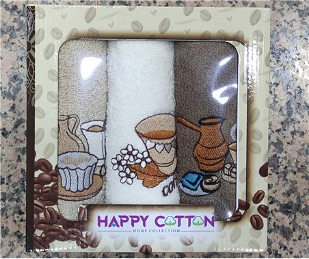 30x50 см 3 шт/уп Махровые Полотенца с Вышивкой Coffee Happy Cotton - ByTem Оптом Турция