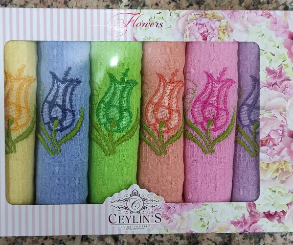 ✅40x60 см 6 шт/уп Вафельныe Полотенца с Вышивкой Flowers Lale Ceylin's - ByTem Оптом Турция Фабрика ✅Текстиль для Дома Оптом Тур