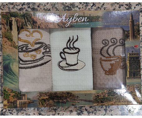 38x55 см 3 шт/уп Вафельныe Полотенца с Вышивкой Coffee Ayben - ByTem Оптом Турция