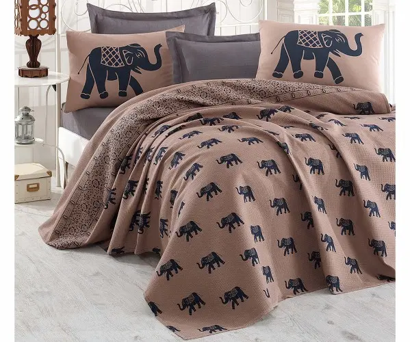 ✅2 сп. Покрывало 200x230 см Doğal Pike Baskılı Battal 220x230cm Fil Mavi Оптом Турция Фабрика ✅Текстиль для Дома Оптом Турция.