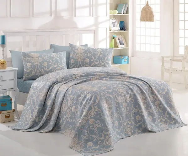 ✅2 сп. Покрывало 200x230 см Doğal Pike Baskılı Battal 220x230cm Tuval Mavi Оптом Турция Фабрика ✅Текстиль для Дома Оптом Турция.