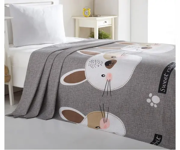✅1 сп. Стеганое Покрывало 140x230 см Doğal Pike Baskılı Kids 140x230cm Tavşancık A.Kahve-Gri-Pembe Оптом Турция Фабрика ✅Текстил
