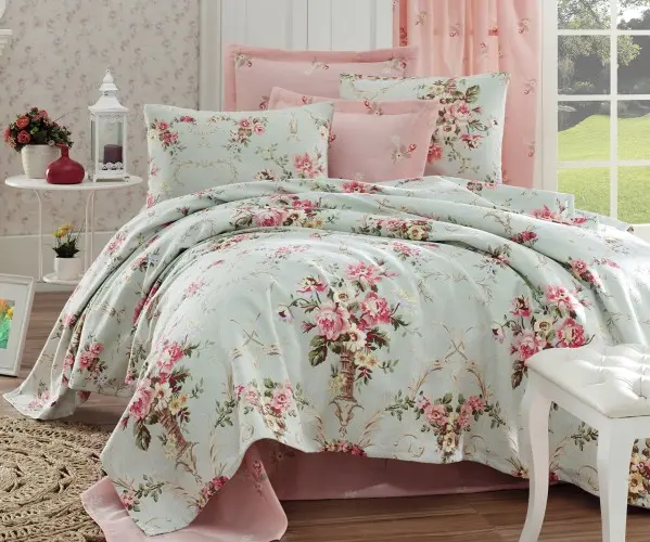 ✅2 сп. Стеганое Покрывало 240x230 см Doğal Pike Baskılı King 240x230cm Alanur Mint Оптом Турция Фабрика ✅Текстиль для Дома Оптом