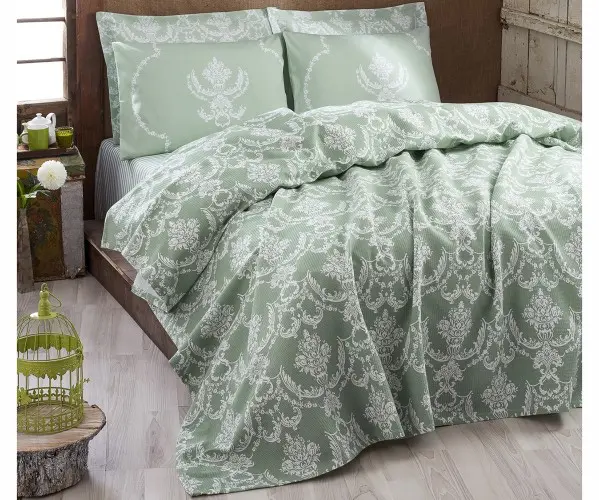 ✅2 сп. Покрывало 240x230 см Doğal Pike Baskılı King 240x230cm Pure Suyeşili Оптом Турция Фабрика ✅Текстиль для Дома Оптом Турция