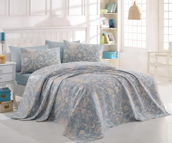 ✅2 сп. Покрывало 240x230 см Doğal Pike Baskılı King 240x230cm Tuval Mavi Оптом Турция Фабрика ✅Текстиль для Дома Оптом Турция.
