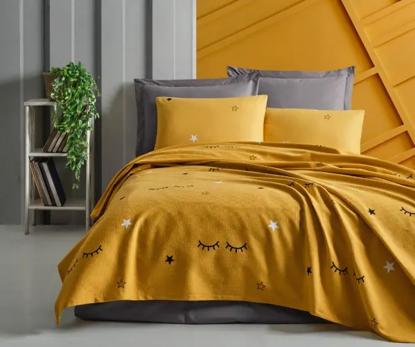 ✅2 сп. Евро 260x230 см Покрывало Вафельное Pike Örtü Mega King Baskılı 260x230cm Dide Sarı Оптом Турция Фабрика ✅Текстиль для До