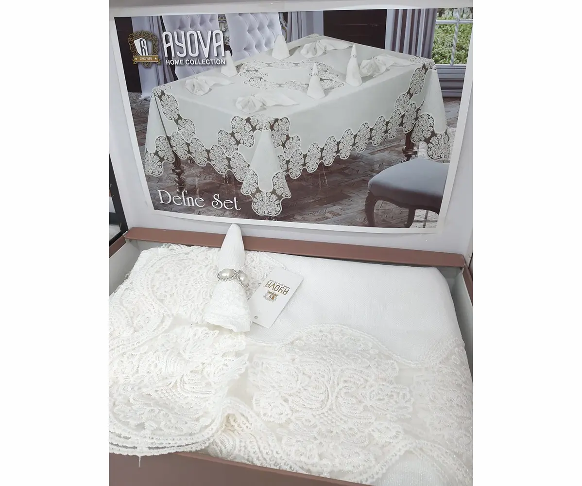 Скатерть Велюровая Бархатная с Кружевами 160x220см +8 Салфеток Ayova - ByTem Tekstil Скатерть Велюровая Бархатная с Кружевами 160x220см +8 Салфеток Ayova - ByTem Tekstil