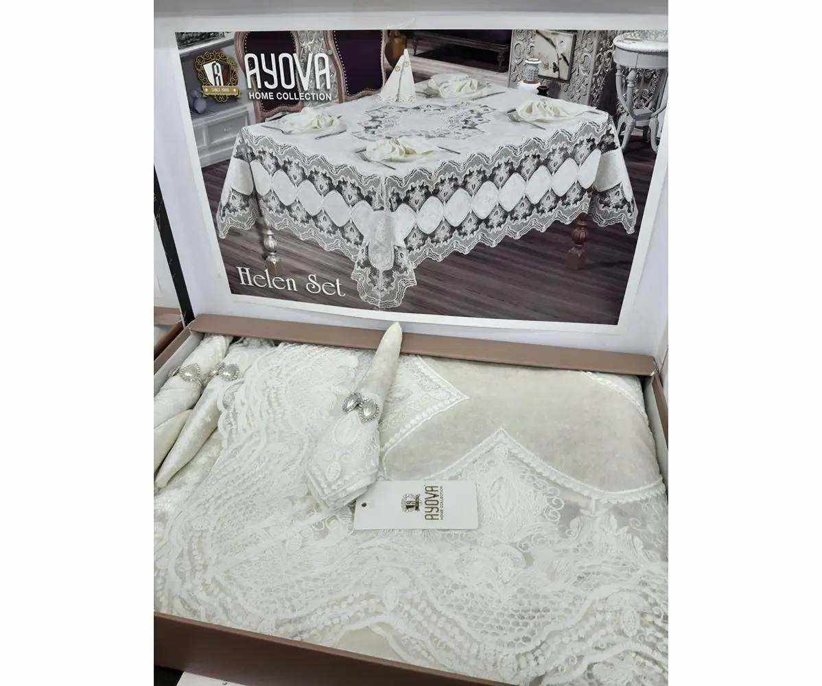 Скатерть Велюровая Бархатная с Кружевами 160x300см +12 Салфеток Ayova - ByTem Tekstil Скатерть Велюровая Бархатная с Кружевами 160x300см +12 Салфеток Ayova - ByTem Tekstil