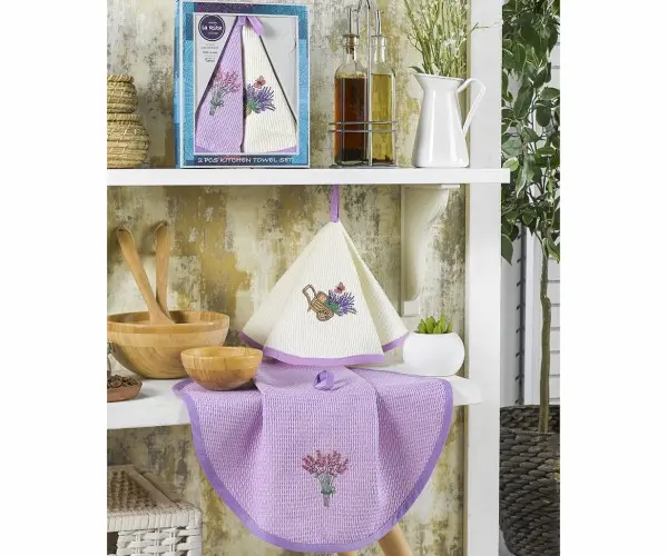 ✅Набор Кухонных Вафельных Полотенец с Вышивками 50x50 см 2 шт/уп LA RİTA ROUND TOWEL LAVENDER Оптом Турция Фабрика ✅Текстиль для
