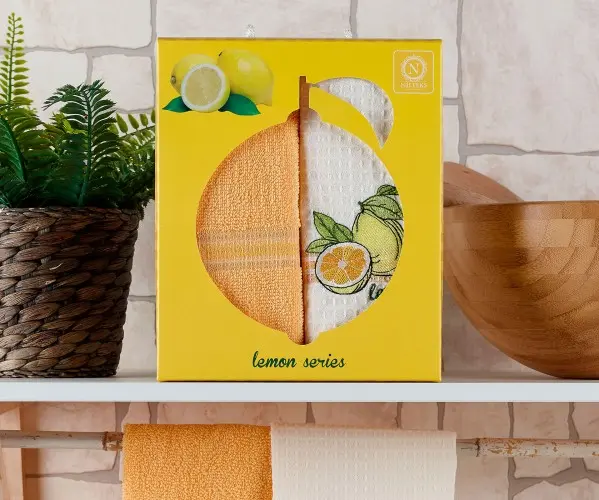 ✅Полотенца вафельные с вышивкой 40x60 см 2 шт/уп 1 TERRY 1 WAFFLE TOWEL LİMON Оптом Турция Фабрика ✅Текстиль для Дома Оптом Турц
