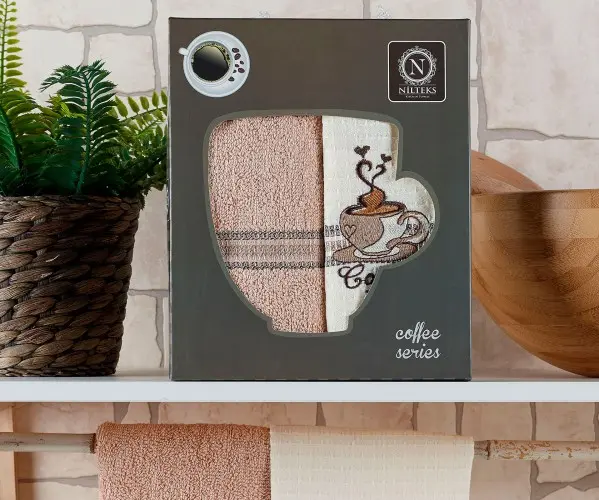 ✅Полотенца вафельные с вышивкой 40x60 см 2 шт/уп 1 TERRY 1 WAFFLE TOWEL KAHVE Оптом Турция Фабрика ✅Текстиль для Дома Оптом Турц