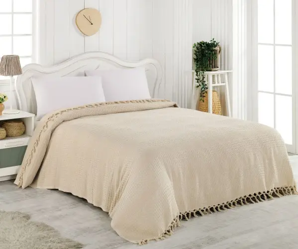 ✅Покрывало Вафельные 160x230 см SINGLE SIZE FRINGED PIQUE BEIGE LaRita Оптом Турция Фабрика ✅Текстиль для Дома Оптом Турция.