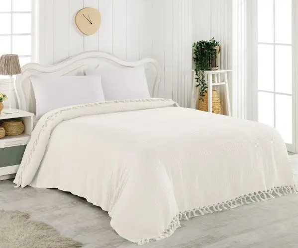 ✅Покрывало Вафельные 160x230 см SINGLE SIZE FRINGED PIQUE CREAM LaRita Оптом Турция Фабрика ✅Текстиль для Дома Оптом Турция.