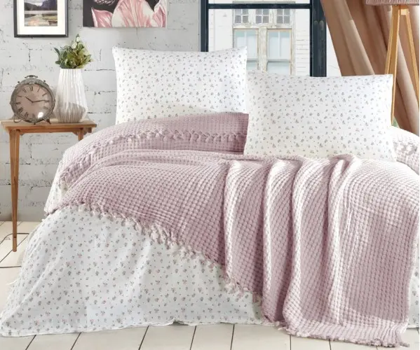 ✅Летнее Постельное Белье с Вафельным Покрывалом ЕВРО 2 сп. SOFT BEDCOVER SET LİLAC Оптом Турция Фабрика ✅Текстиль для Дома Оптом