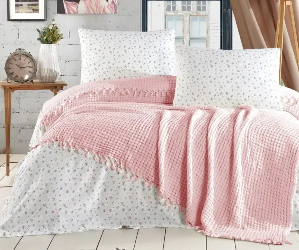 ✅Летнее Постельное Белье с Вафельным Покрывалом ЕВРО 2 сп. SOFT BEDCOVER SET PINK Оптом Турция Фабрика ✅Текстиль для Дома Оптом 