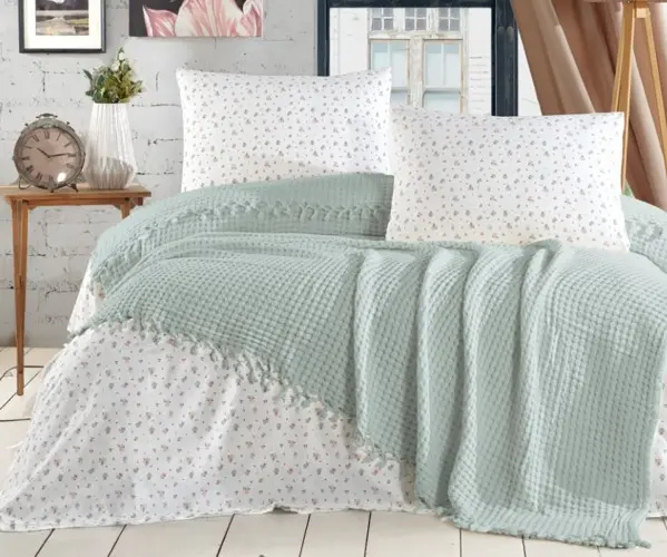 ✅Летнее Постельное Белье с Вафельным Покрывалом ЕВРО 2 сп. SOFT BEDCOVER SET GREEN Оптом Турция Фабрика ✅Текстиль для Дома Оптом