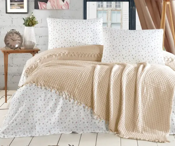 ✅Летнее Постельное Белье с Вафельным Покрывалом ЕВРО 2 сп. SOFT BEDCOVER SET BEIGE Оптом Турция Фабрика ✅Текстиль для Дома Оптом
