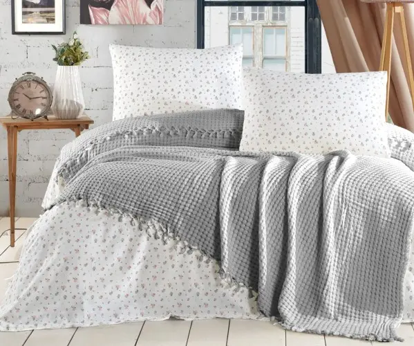 ✅Летнее Постельное Белье с Вафельным Покрывалом ЕВРО 2 сп. SOFT BEDCOVER SET GRAY Оптом Турция Фабрика ✅Текстиль для Дома Оптом 