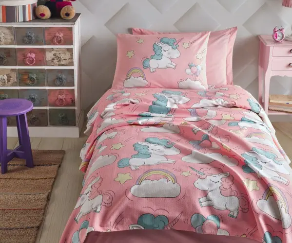 ✅1 сп. Вафельное Покрывало-Плед 160x235 см Doğal Pike Baskılı Tek Kişilik Unicornio Pembe Оптом Турция Фабрика ✅Текстиль для Дом