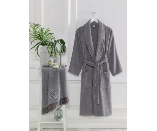 ✅Набор Халат L/XL + Полотенце 45x85см с Вышевкой Cora Antrasit L/XL+45x85cm Оптом Турция Фабрика ✅Текстиль для Дома Оптом Турция
