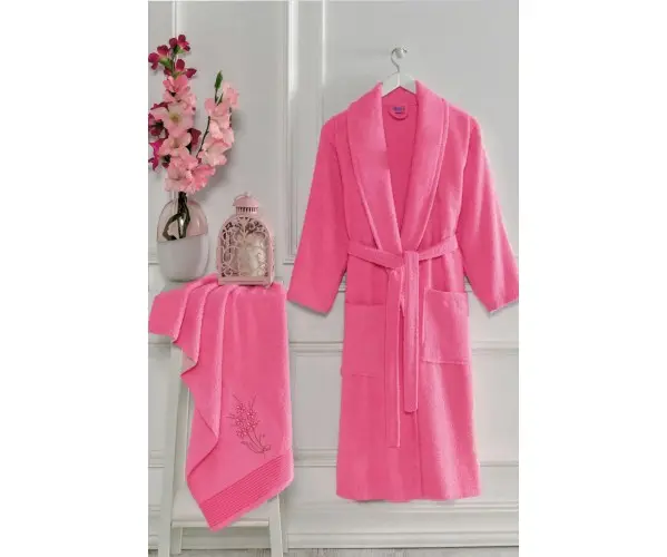 ✅Набор Халат L/XL + Полотенце 45x85см с Вышевкой Cora Fuşya L/XL+45x85cm Оптом Турция Фабрика ✅Текстиль для Дома Оптом Турция.