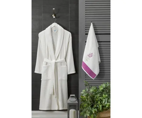✅Набор Халат L/XL + Полотенце 45x85см с Вышевкой Cora Bayan Krem L/XL+45x85cm Оптом Турция Фабрика ✅Текстиль для Дома Оптом Турц