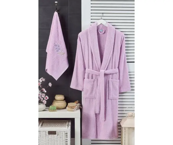 ✅Набор Халат L/XL + Полотенце 45x85см с Вышевкой Cora Leylak L/XL+45x85cm Оптом Турция Фабрика ✅Текстиль для Дома Оптом Турция.
