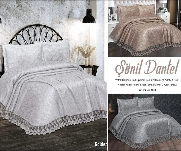 ✅Покрывало с Гипюром 240x260 см с Наволочками 2 шт 60x80 см SONIL DANTEL SERİES Golden Оптом Турция Фабрика ✅Текстиль для Дома О
